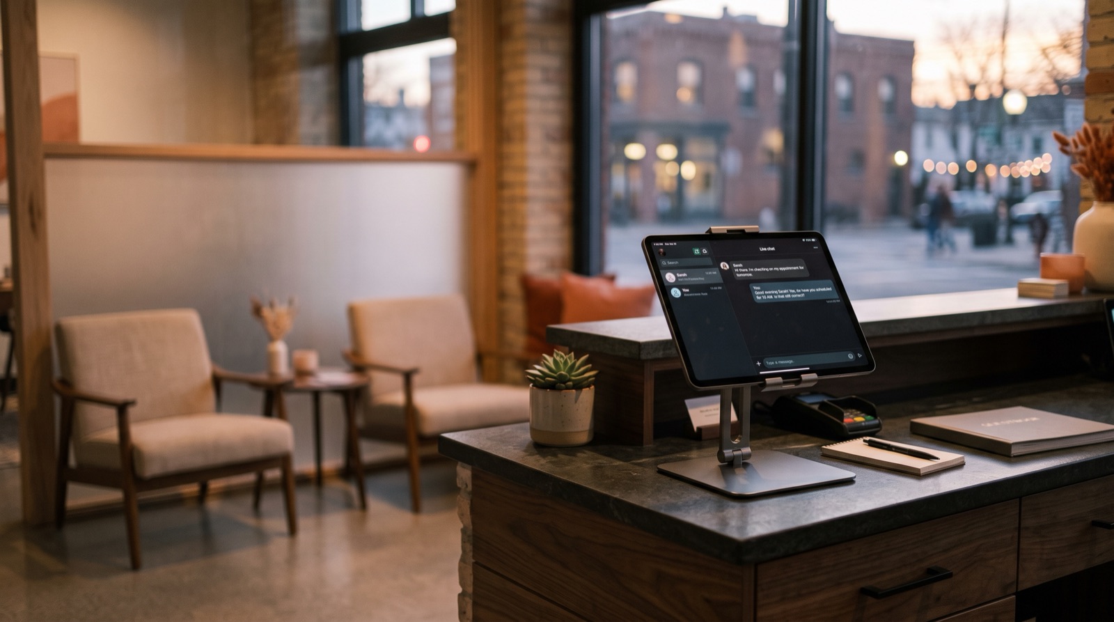 A small business owner weighing an AI chat widget on a laptop against a simple FAQ page