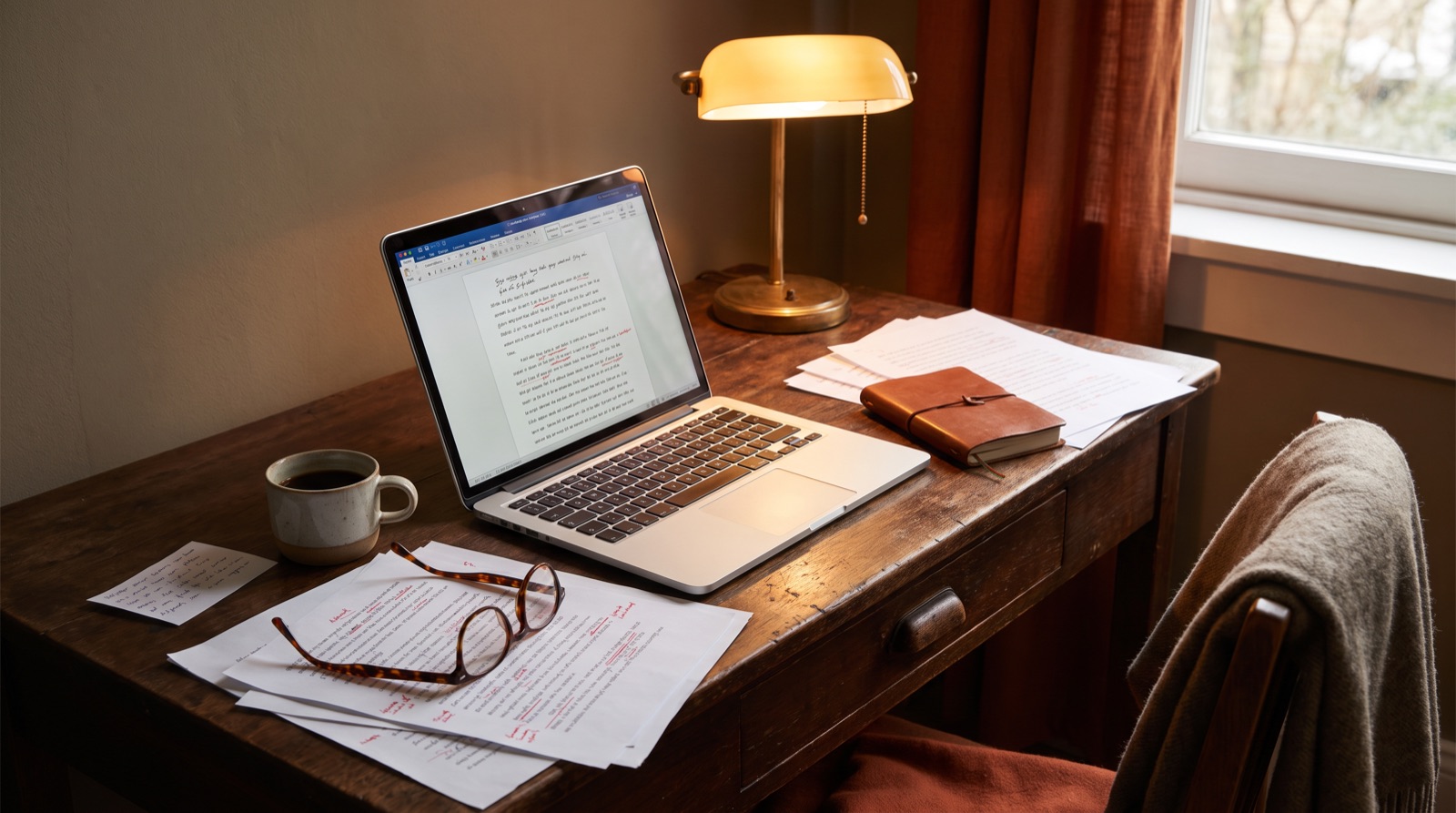 An editor marking up an AI-generated draft on screen, turning generic text into branded copy