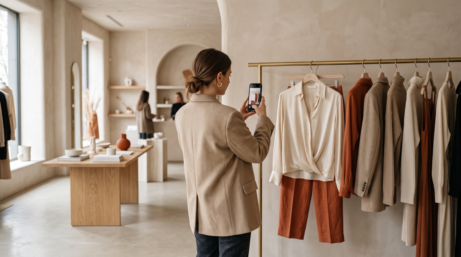 A minimalist fashion boutique interior with soft lighting and clean displays