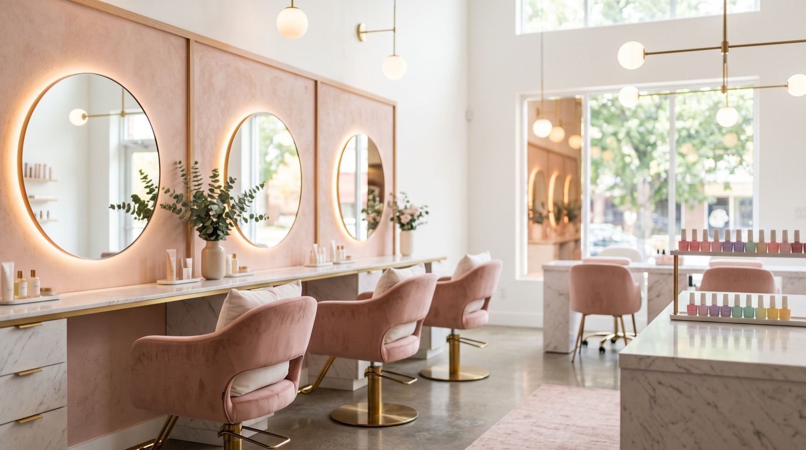Bright modern beauty salon interior with styling chairs, mirrors and soft pink accents