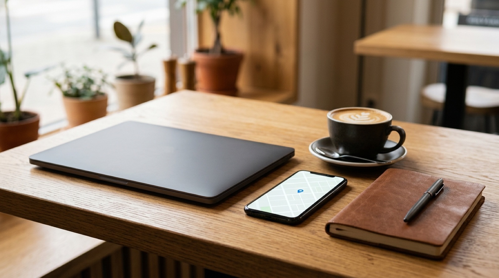 Closed laptop, phone showing a map with a single location pin, a latte and a leather notebook on a cafe table