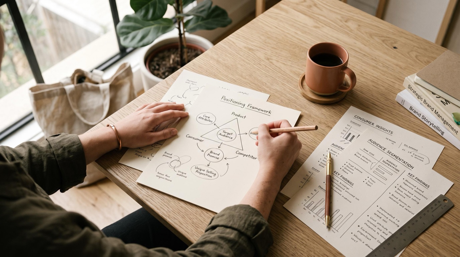 A strategist sketching a brand positioning map on paper