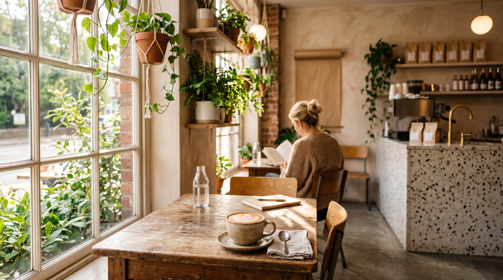 Cozy sunlit café corner with latte art on a wooden table and plants by the window