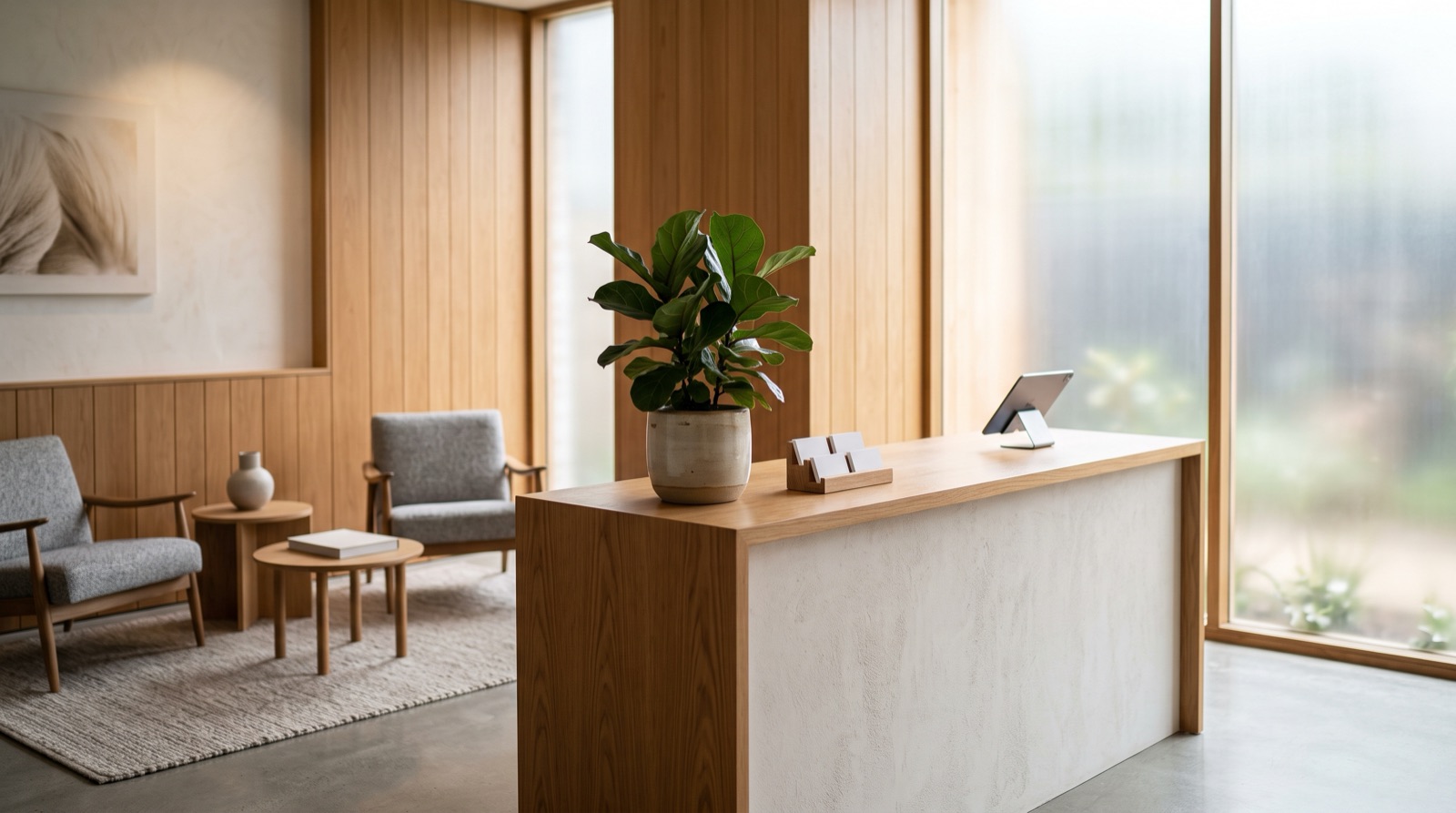Calm modern clinic reception with warm wood tones and soft natural light