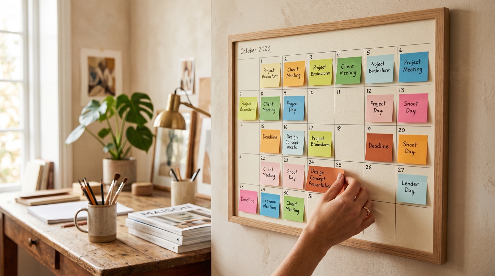 A monthly content calendar sketched on paper with recurring content pillars marked in different colours
