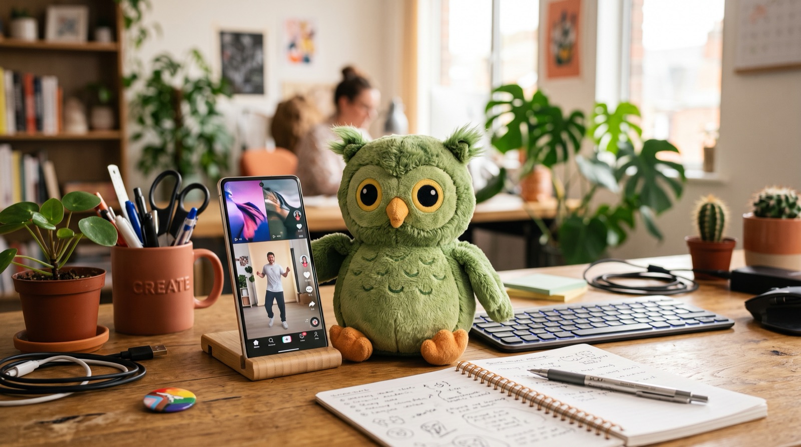 A green owl plush mascot posed dramatically against a bright studio background