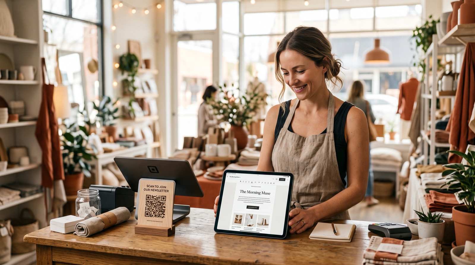 A laptop showing an email newsletter draft on a café counter