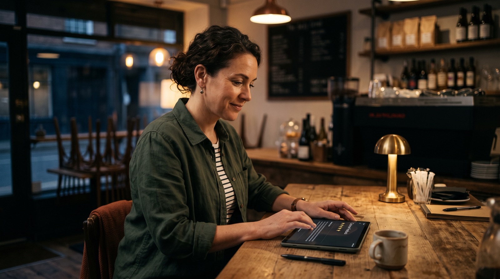 A business owner replying to Google reviews on a laptop at a shop counter