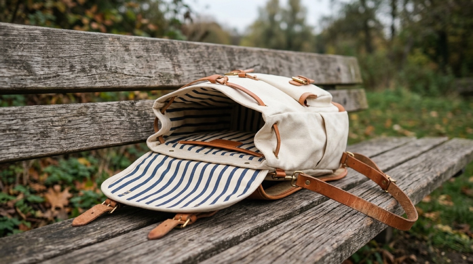Canvas backpack with leather straps open on a wooden bench, striped fabric lining visible inside