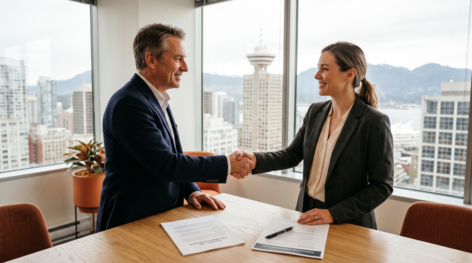 A business owner comparing agency proposals across a meeting table