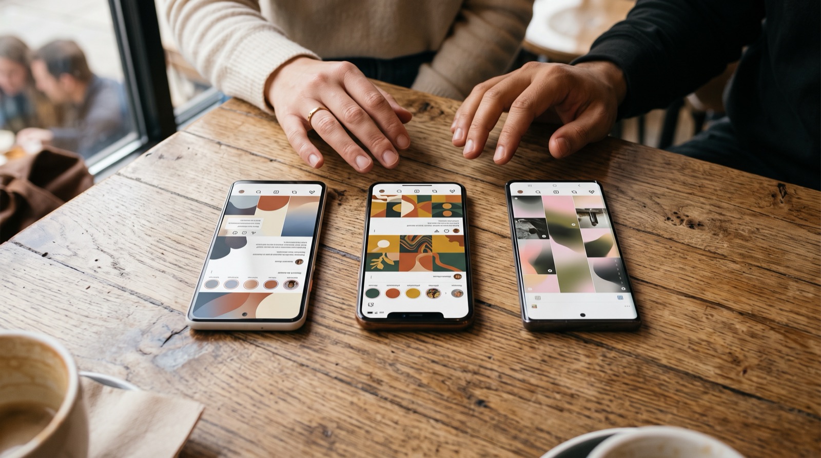Three smartphones side by side showing Instagram, TikTok, and Xiaohongshu feeds
