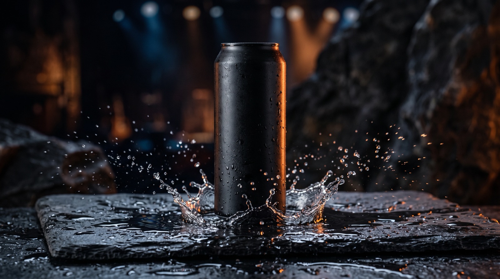 A tallboy aluminum can sweating on a bar counter under moody concert-style lighting