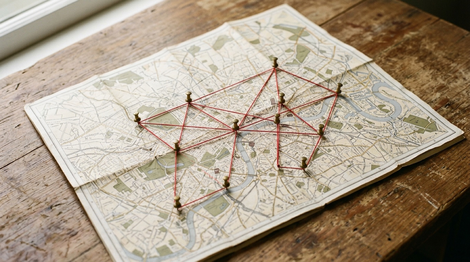 Overhead view of a paper map with pins connected by string, marking multiple locations