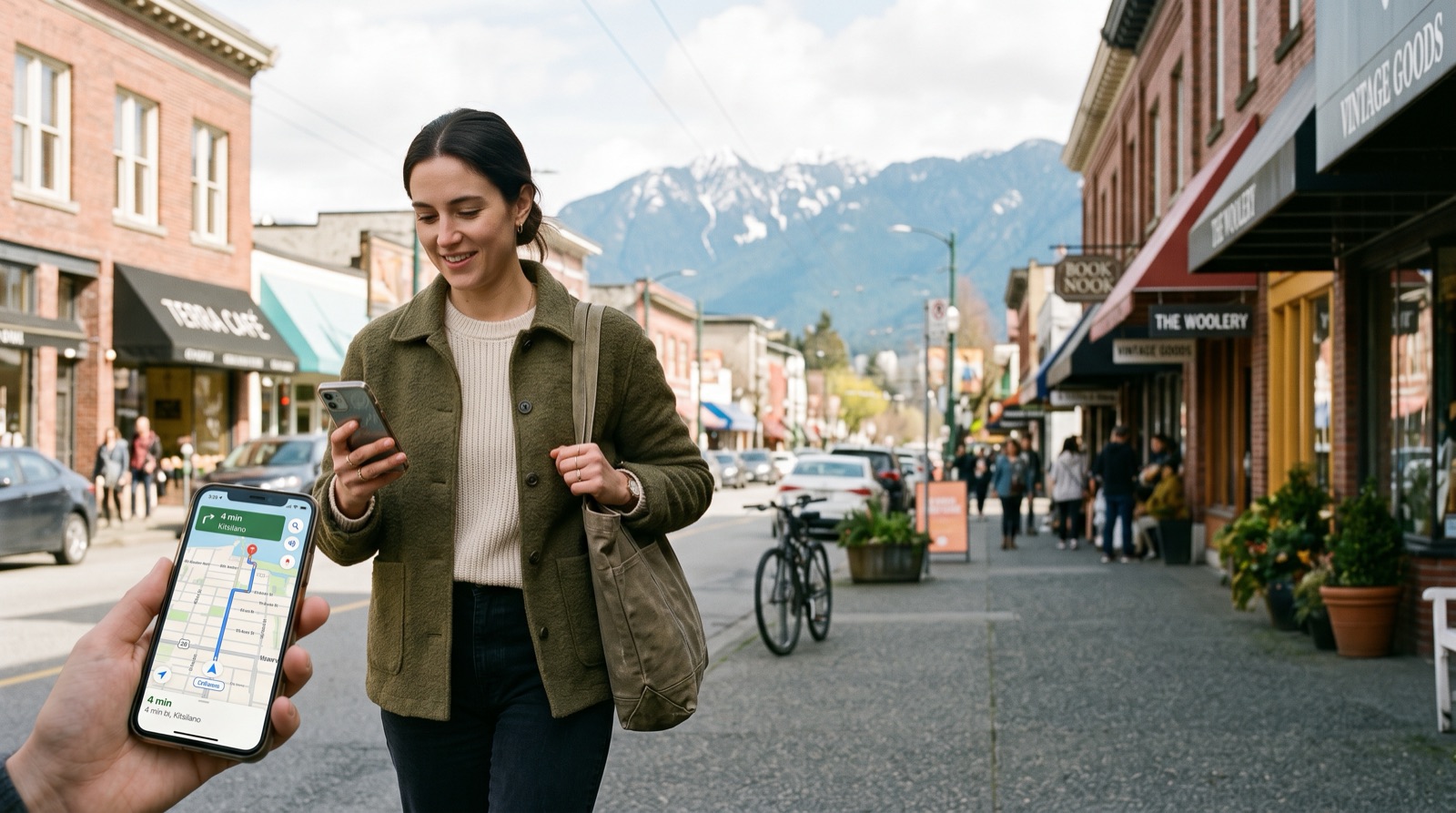 A small storefront on a tree-lined Vancouver commercial street with mountains in the background
