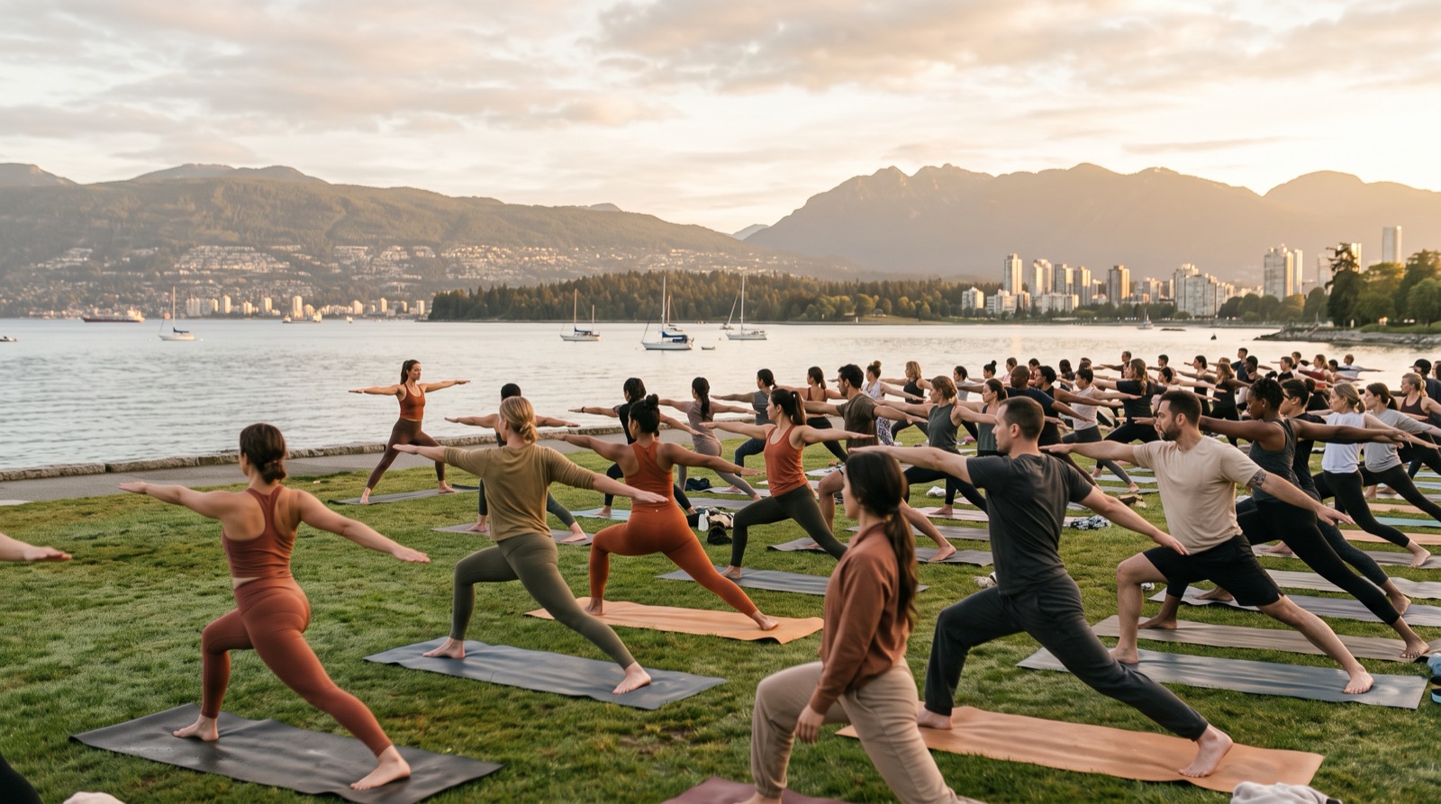 A group yoga class in a bright Vancouver studio, mats lined up in rows