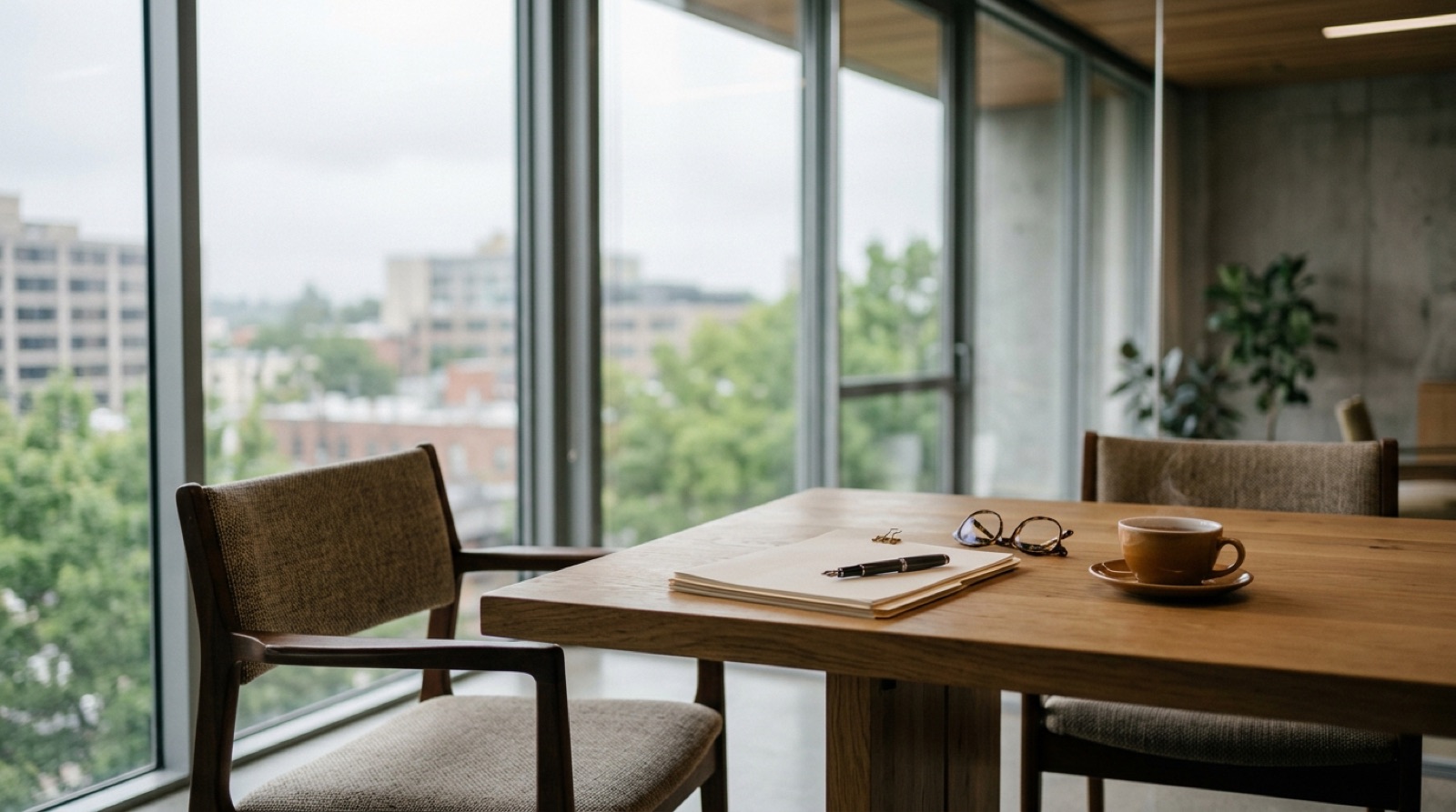 Quiet professional meeting table with documents, a pen, glasses and tea beside a large window with soft city light