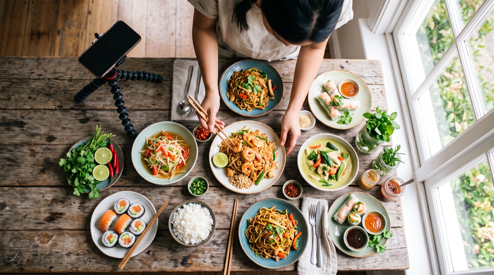 Overhead shot of colourful dishes being arranged and photographed with a phone near a window