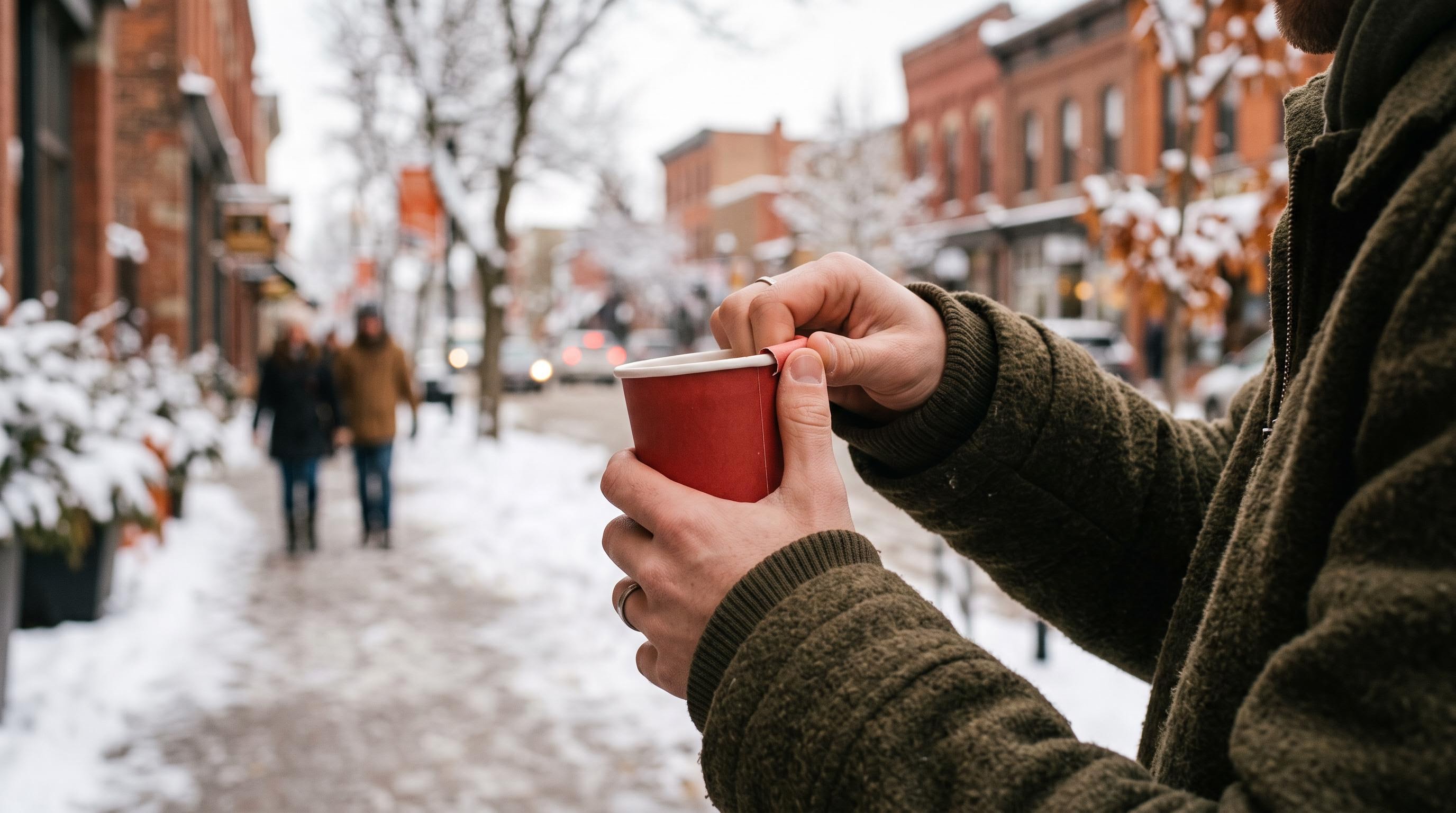 A red coffee cup with its rim rolled back, held over a café counter
