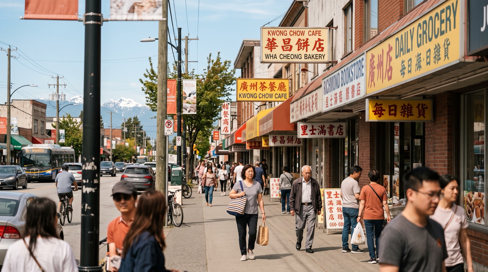 A bustling shopping street in Richmond BC with bilingual storefront signs