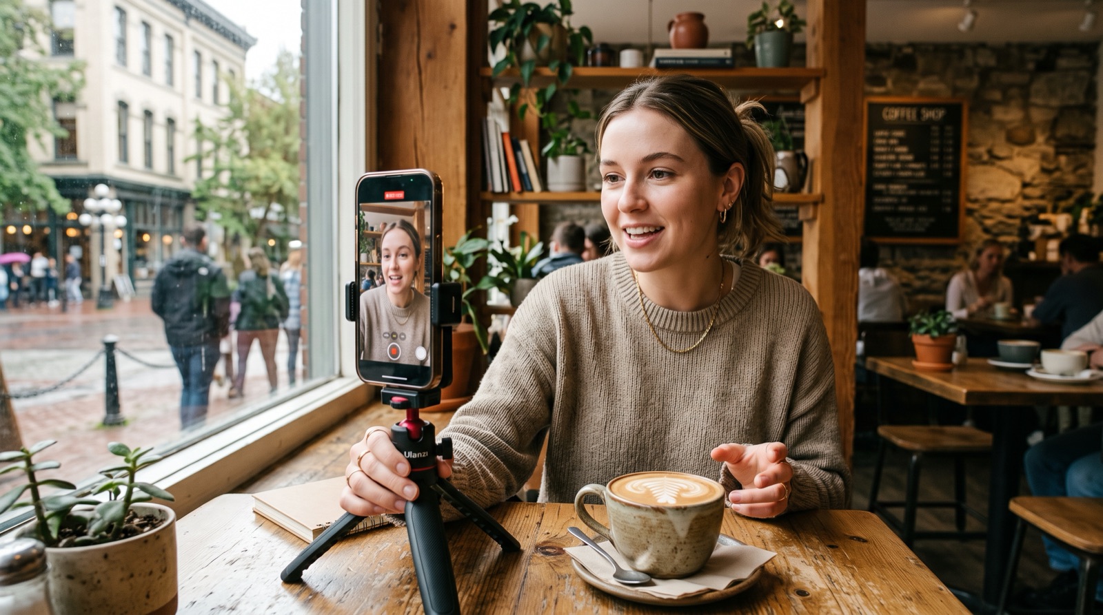 A content creator filming a short video inside a small Vancouver café