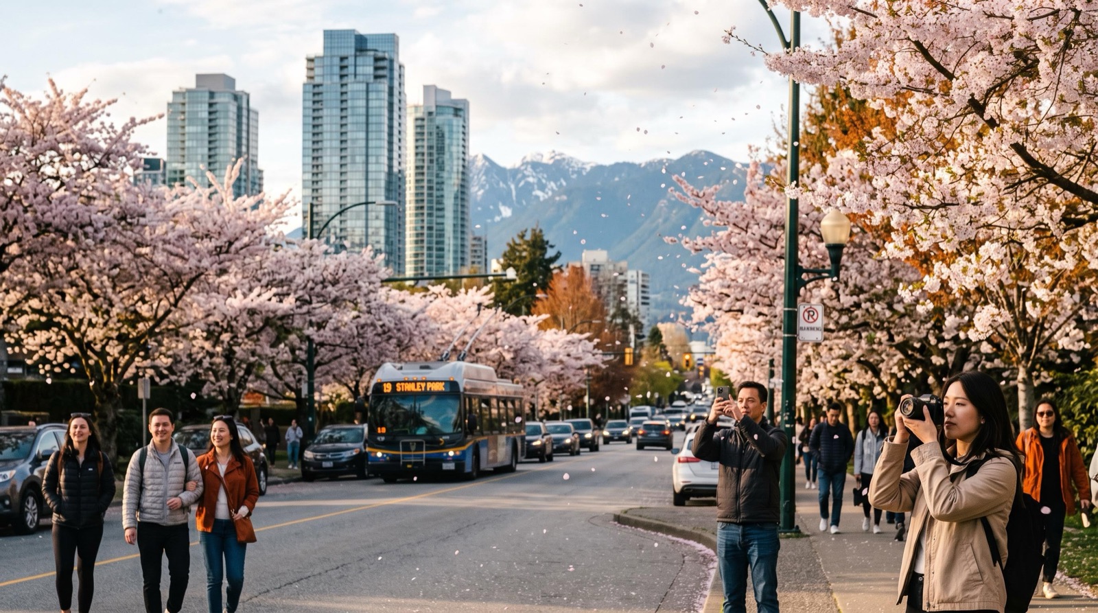 Cherry blossoms in full bloom along a Vancouver street with the downtown skyline behind