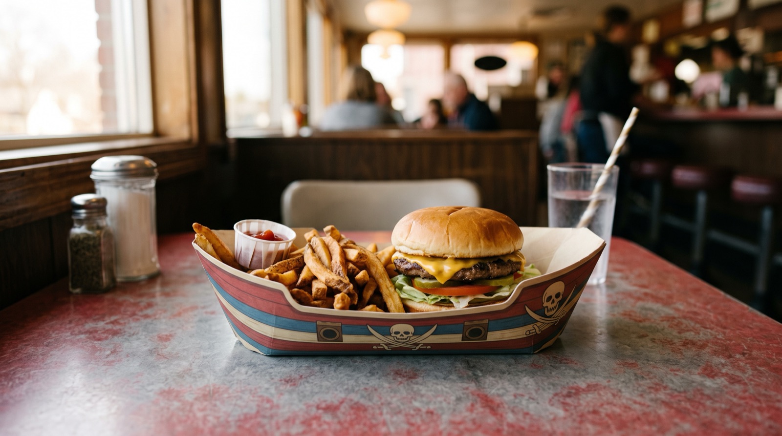 A classic diner-style burger and fries served in a paper pirate ship tray