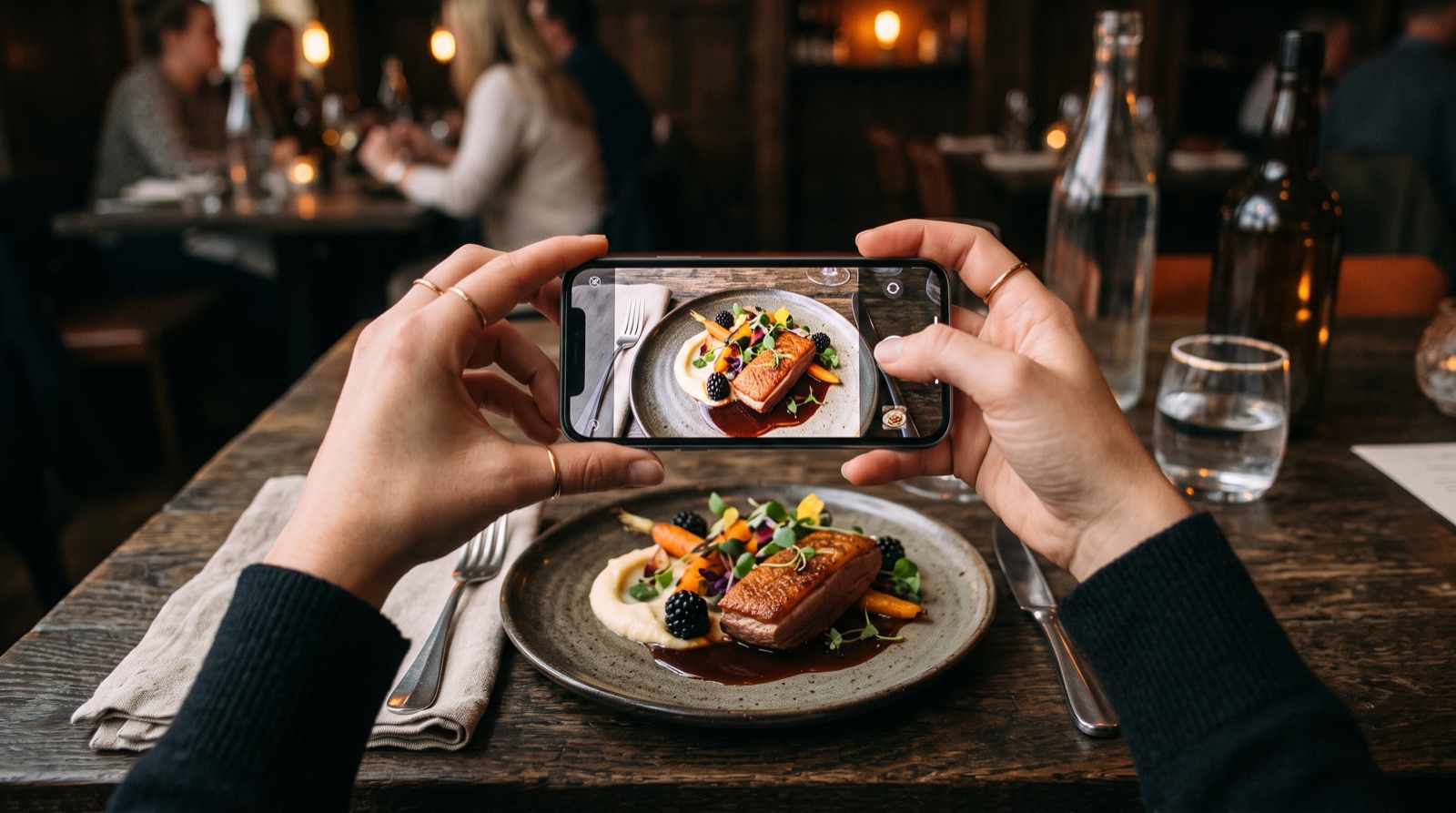 A phone photographing a beautifully plated restaurant dish, styled for a Xiaohongshu note