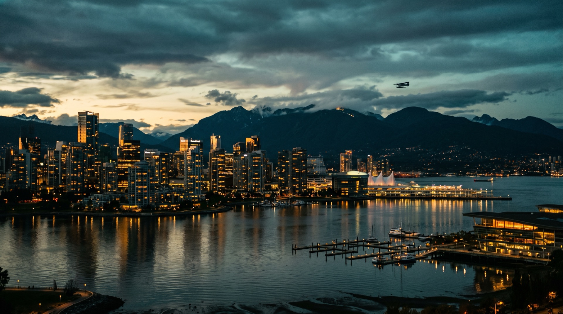 Vancouver harbour skyline at dusk — home of Kuipra Communications, a Vancouver brand strategy agency
